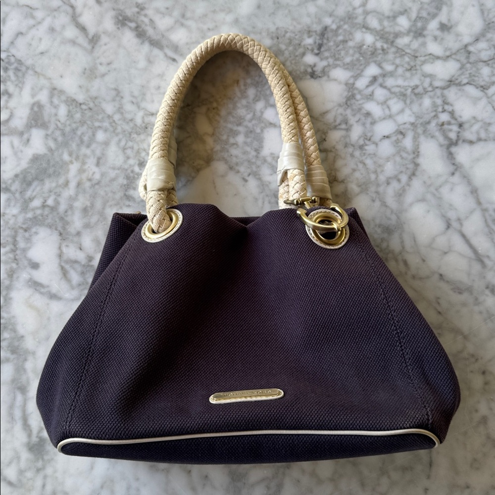 MICHAEL Michael Kors navy canvas handbag with cream contrasting braided handles